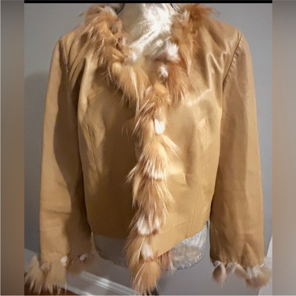 Cache Vintage Leather Jacket  Rabbit Fur Western Festival Mod Y2K Size Large